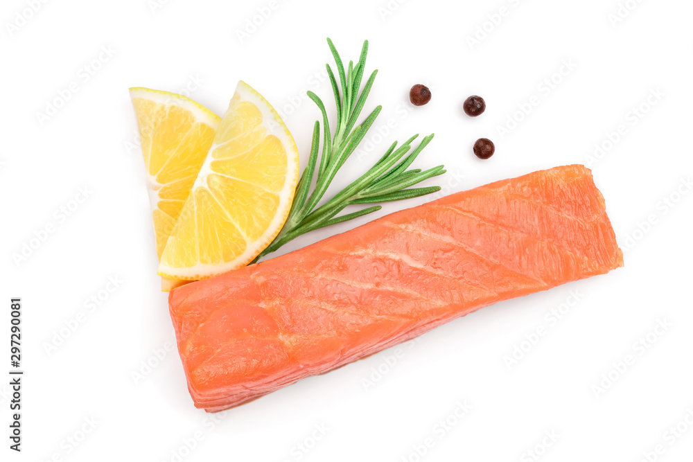 Slice of red fish salmon with rosemary and lemon isolated on white background. Top view. Flat lay Slice of red fish salmon with rosemary and lemon isolated on white background. Top view. Flat lay