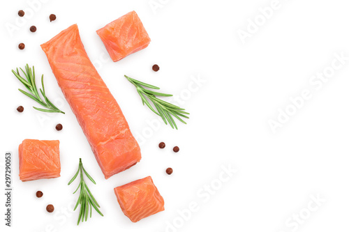 Slice of salmon with rosemary isolated on white. Top view. Flat lay ,copyspace for text