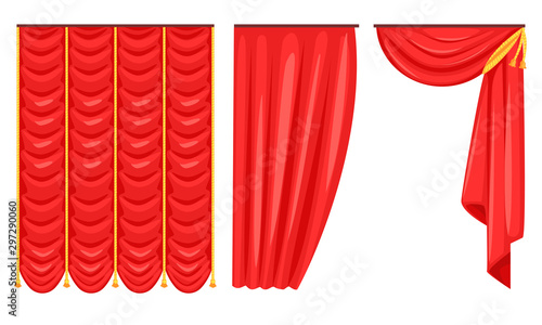 Red Curtains Set, Luxury Interior Drapery, Decoration Elements Vector Illustration