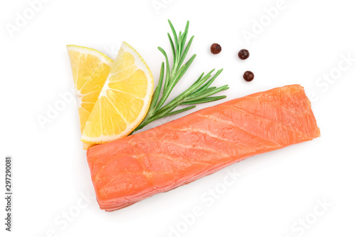 Slice of red fish salmon with rosemary and lemon isolated on white background. Top view. Flat lay