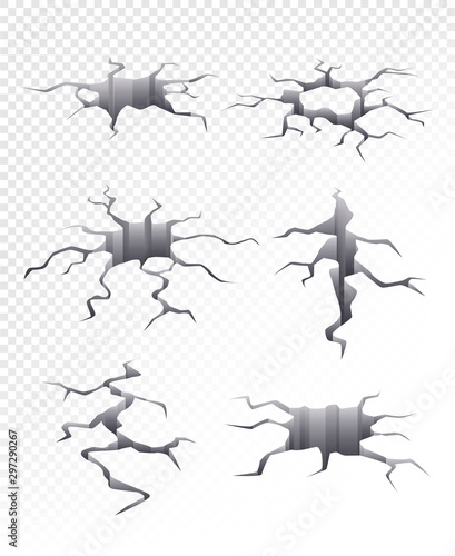 Cracked ground. Damaged catastrophe dry earth 3d crack hole vector collection realistic. Illustration crack break, split surface earthquake, damage ground