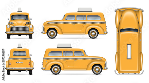Retro taxi cab vector mockup on white background for vehicle branding  corporate identity and advertisement. View from side  front  back  and top  easy editing and recolor