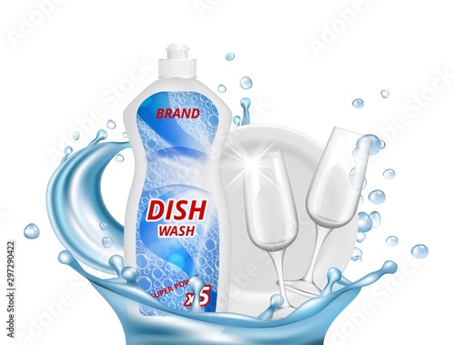 Dish liquid detergent. Water splashes, glasses, white plate vector illustration. Detergent bottle and clean dish advertising