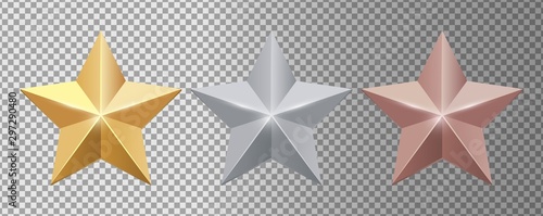 Metal stars. Realistic gold silver bronze stars vector set. Gold star award, golden, silver and bronze illustration photo