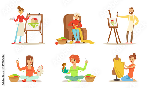People of Creative Professions and Hobbies Set, Sewing, Embroidering, Knitting, Painting Vector Illustration