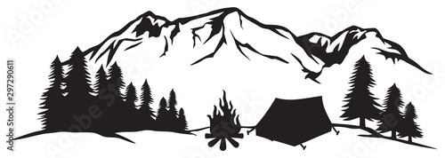 Fototapeta Naklejka Na Ścianę i Meble -  Landscape - camping in mountains (tourist tent and campfire, travel design)