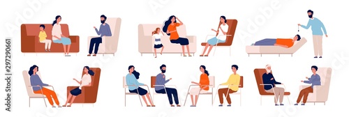 Psychotherapy. Adult counselor family group therapy treatment consulting crowd vector characters collection. Psychotherapy family, sitting treatment, people therapy consulting illustration