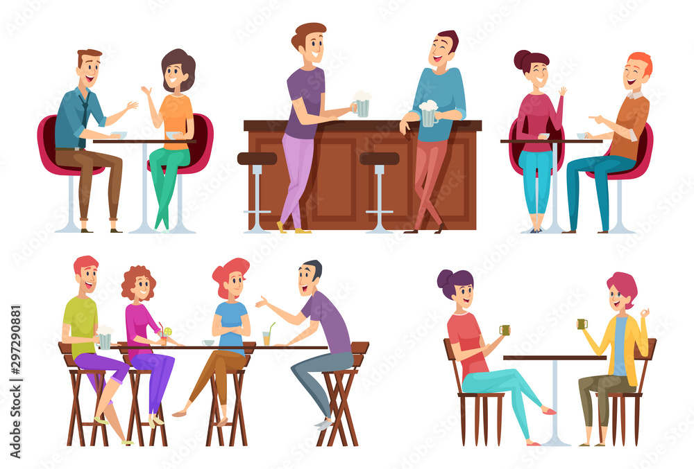 Friends meeting cafe. Restaurant dinner happy people group eating and joking talking and smiling friends vector. Illustration people together, talking and sitting Friends meeting cafe. Restaurant dinner happy people group eating and joking talking and smiling friends vector. Illustration people together, talking and sitting