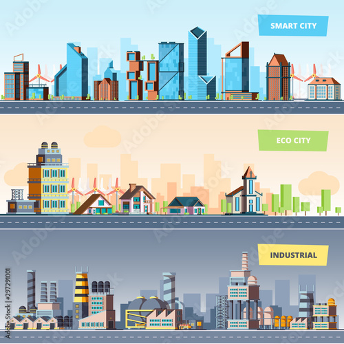 Urban landscape. Industrial smart and eco city modern buildings air pollution vector flat banners. Illustration ecological town and downtown industry building, smart city panorama