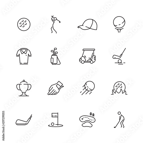 Golf icons. Sport symbols of golf club ball sticks car vector set isolated. Icons golf sport, play and game, tournament golfer and trophy illustration