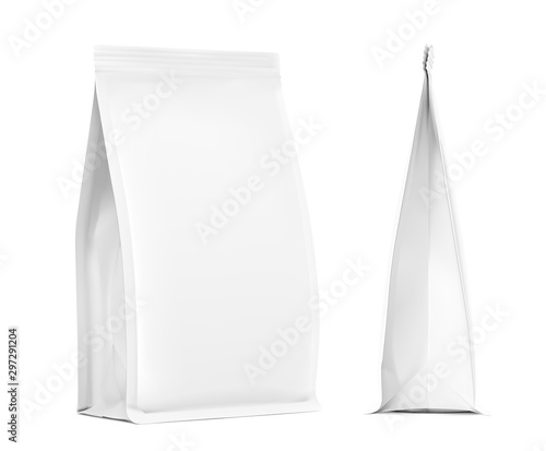 Realistic food bags isolated on white background. Front, isometric view. Vector illustration. Can be use for template your design, presentation, promo, ad. EPS 10.	