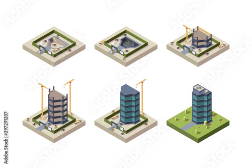 Stage construction isometric. High modern building skyscraper architecture vector techniques pictures. Construction process skyscraper, industry project stages illutration