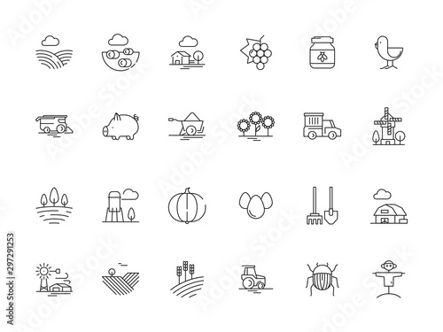 Farm symbols. Rural field landscape agricultural objects mill tractor wheat trees vector outline graphics. Illustration rural field, agriculture icons, line
