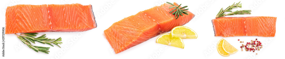 fillet of red fish salmon with lemon and rosemary isolated on white background. Top view. Flat lay fillet of red fish salmon with lemon and rosemary isolated on white background. Top view. Flat lay