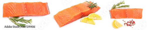 fillet of red fish salmon with lemon and rosemary isolated on white background. Top view. Flat lay