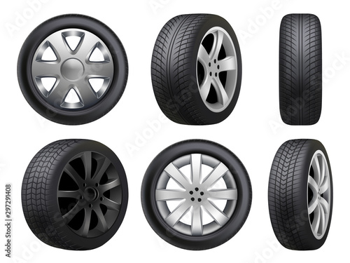 Wheels realistic. Tyres road maintenance vector automobile 3d automobile items collection. Auto wheel tyre, equipment item for car, realistic black rubber tyre illustration photo