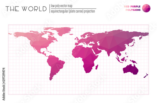 Abstract geometric world map. Equirectangular (plate carree) projection of the world. Red Purple colored polygons. Neat vector illustration.