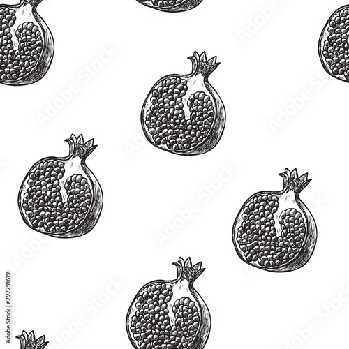 Seamless background with garnet for fabric, web . Hand drawn fresh fruits. Vector illustration on the white background. Organic food.