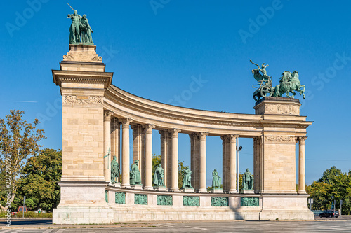 Budapest, Hungary - October 01, 2019: Hero's Square Budapest, Hosok tere, Hungary. It is home to iconic statuary and other important national leaders, as well as the Tomb of the Unknown Soldier. photo