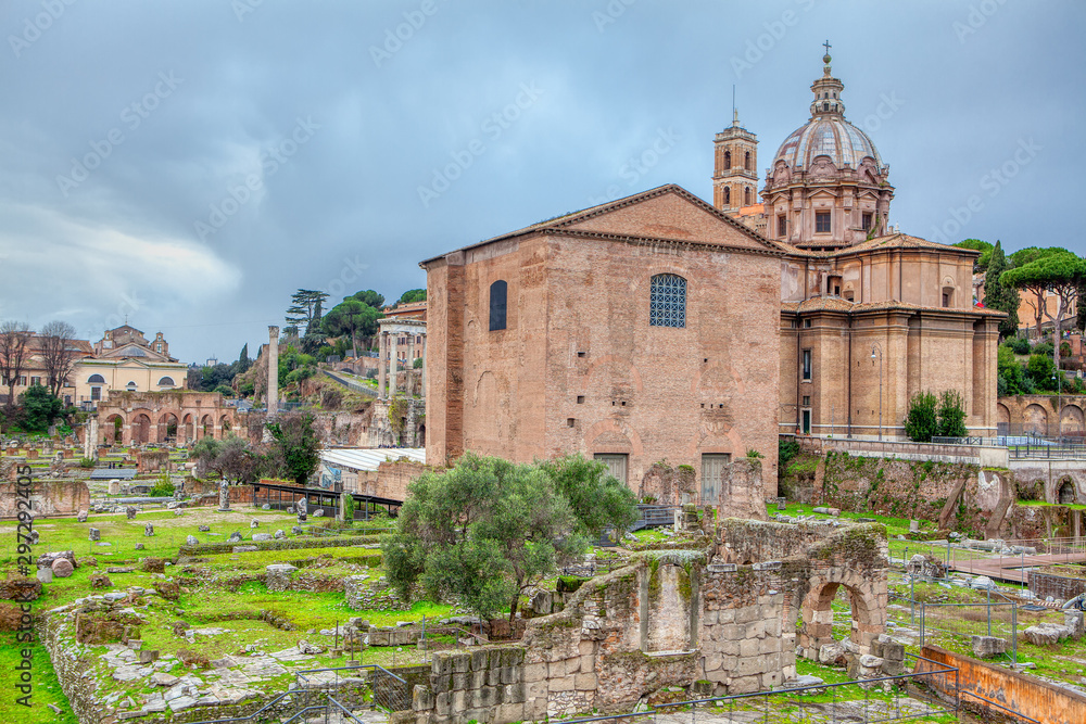 landscape of Roman forum and church in Rome