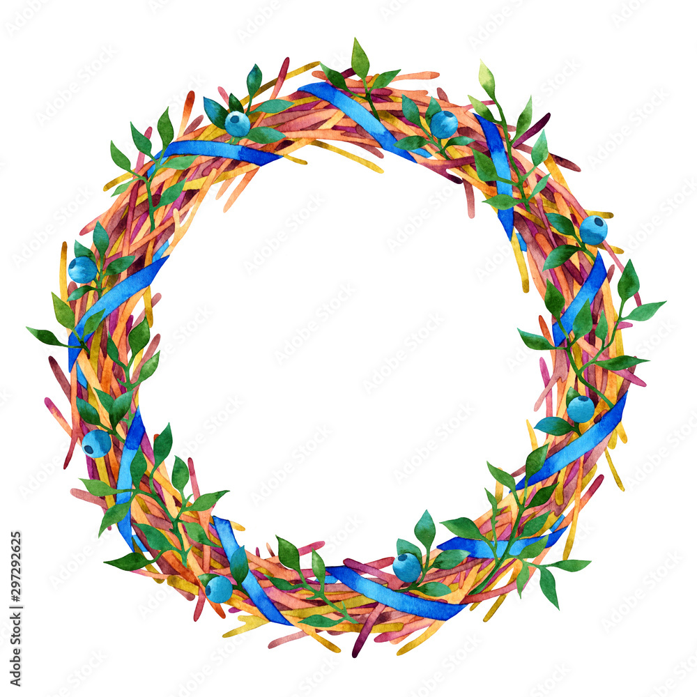 Obraz premium Isolated watercolor wreath with blue berries on white background