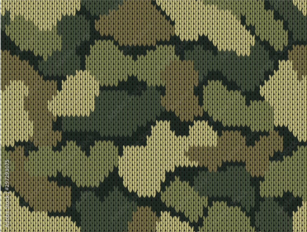 Fototapeta premium Military decorative green khaki camouflage. Woolen knitted pattern. Abstract background. Greeting card. Vector illustration