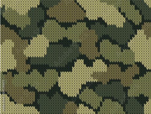 Military decorative green khaki camouflage. Woolen knitted pattern. Abstract background. Greeting card. Vector illustration