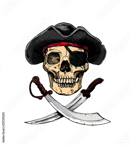 Black and white pirate skull with  cross swords.