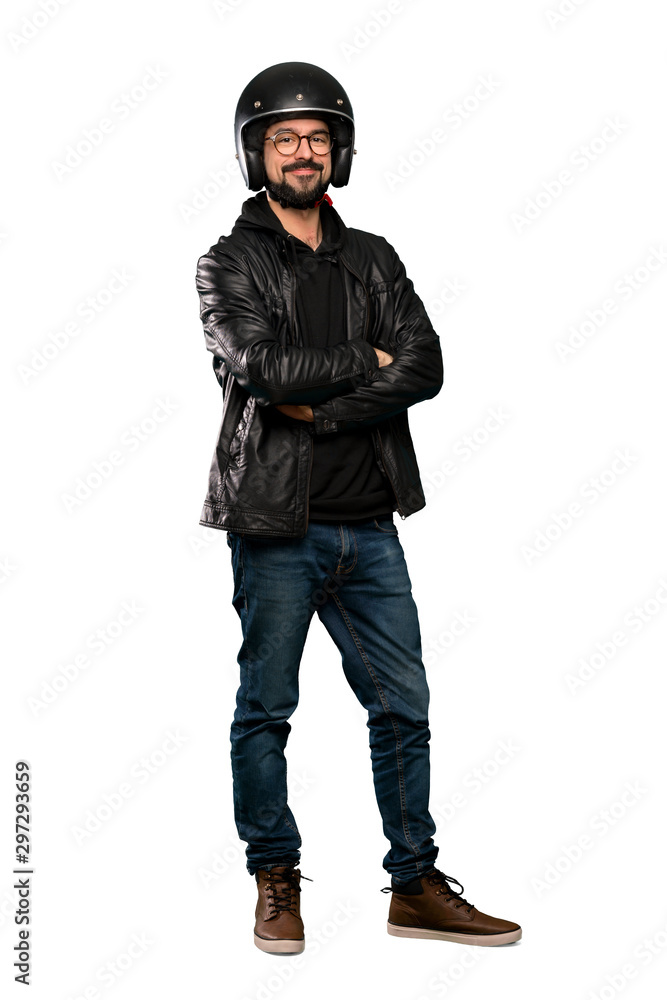 Full-length shot of Biker man with glasses and happy over isolated white background Full-length shot of Biker man with glasses and happy over isolated white background