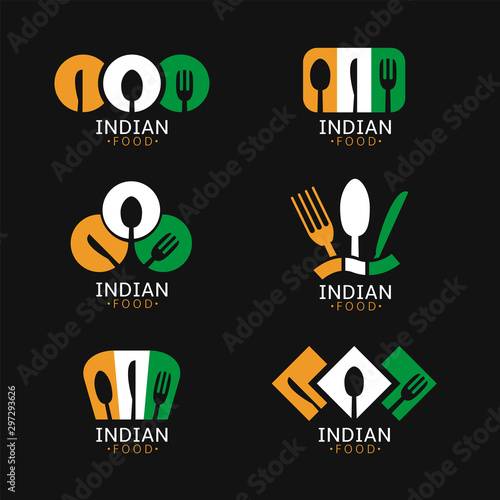 Indian food icons. Indian flag symbols Spoon fork and knife icons