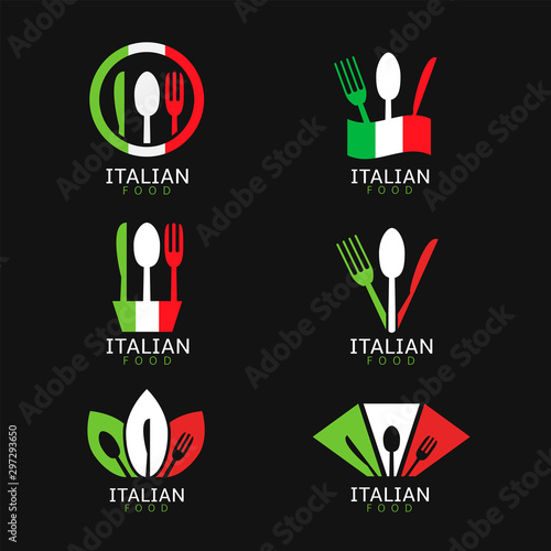 Italian food icons. Italian flag symbols Spoon fork and knife icons