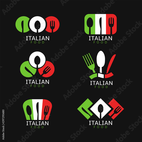 Italian food icons. Italian flag symbols Spoon fork and knife icons