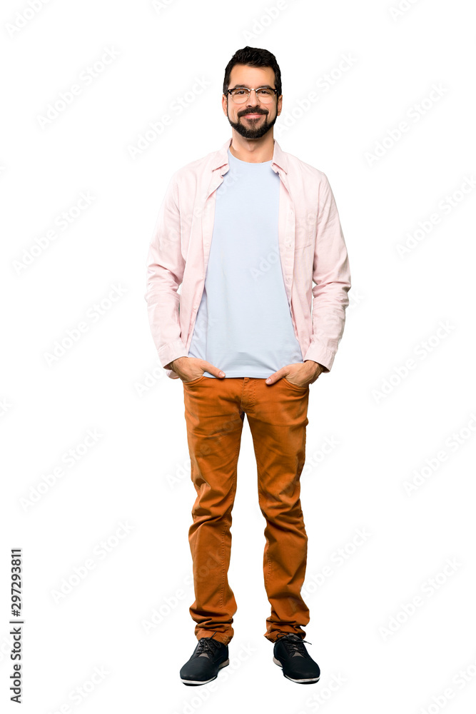 Full-length shot of Handsome man with beard laughing over isolated white background Full-length shot of Handsome man with beard laughing over isolated white background