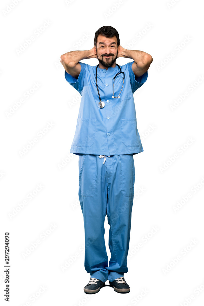 Full-length shot of Surgeon doctor man frustrated and takes hands on head over isolated white background Full-length shot of Surgeon doctor man frustrated and takes hands on head over isolated white background
