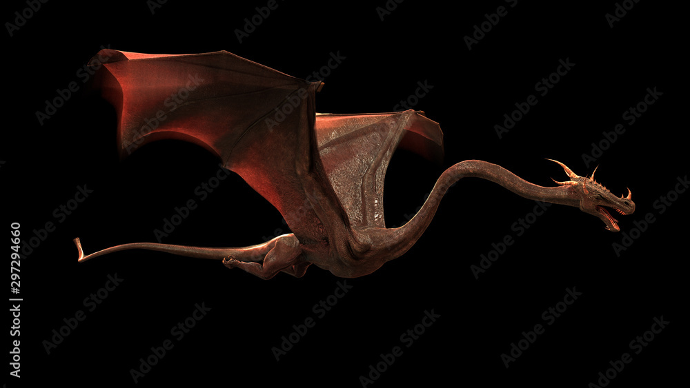 Fototapeta premium flying dragon, winged animal isolated on black background 