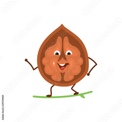 Funny cartoon character from a walnut, which stands on a surfboard.