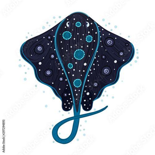 Spotted stingray. Sea ray. Marine life. Underwater creatures. Design for attributes of water park and aquarium. Print for clothes, cards, covers, posters. Sticker label. Vector illustration, eps10