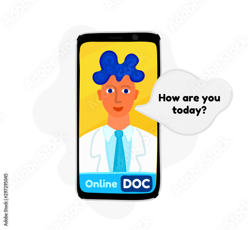 Virtual doctor. Mobile app. Talking male doctor on smartphone screen. Medical assistance online. Healthcare. Medical examination. Video communication. Colorful design for banner, landing page. Vector