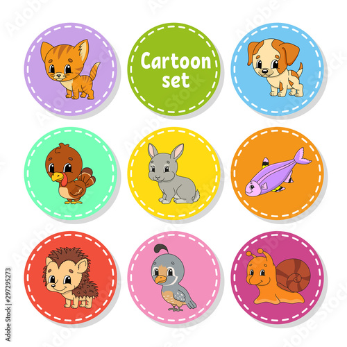 Set of colored stickers with cute characters. Isolated vector illustration.