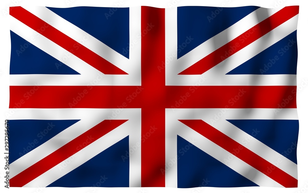 Waving flag of the Great Britain. British flag. United Kingdom of Great Britain and Northern Ireland. State symbol of the UK. 3D illustration Waving flag of the Great Britain. British flag. United Kingdom of Great Britain and Northern Ireland. State symbol of the UK. 3D illustration