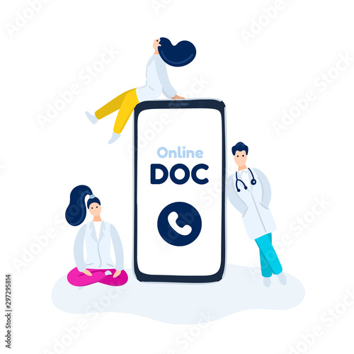 Virtual doctor. Mobile app. Doctors around smartphone await video communication with patient. Medical assistance online. Healthcare. Medical examination. Design for banner, landing page. Vector, eps10