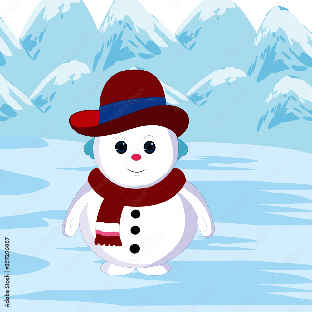 Snowman near Mountains - Cartoon Vector Image Snowman near Mountains - Cartoon Vector Image