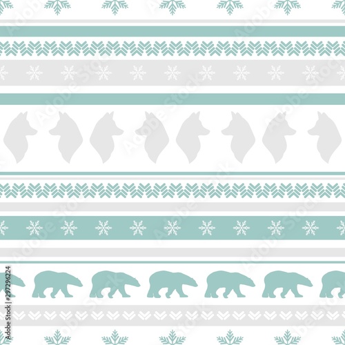 seamless winter pattern with white snowflakes, polar bears and wolfs.