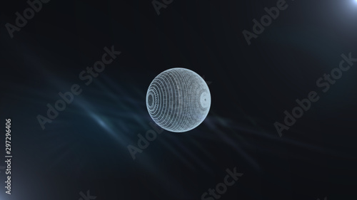 Abstract background with virtual sphere rotating in space, surrounded by the net of data blocks.