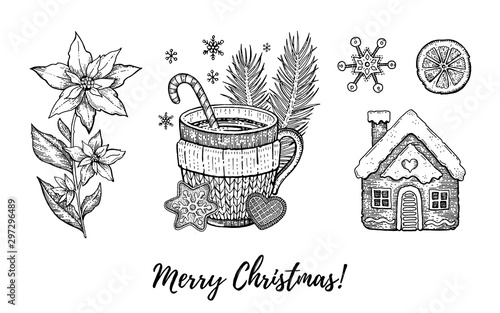 Christmas hand drawn doodle icon set. Merry Xmas, Happy New year symbol, retro sketch. Cute poinsettia, coffee cup, gingerbread house, candy cane. Vector illustration isolated on white background