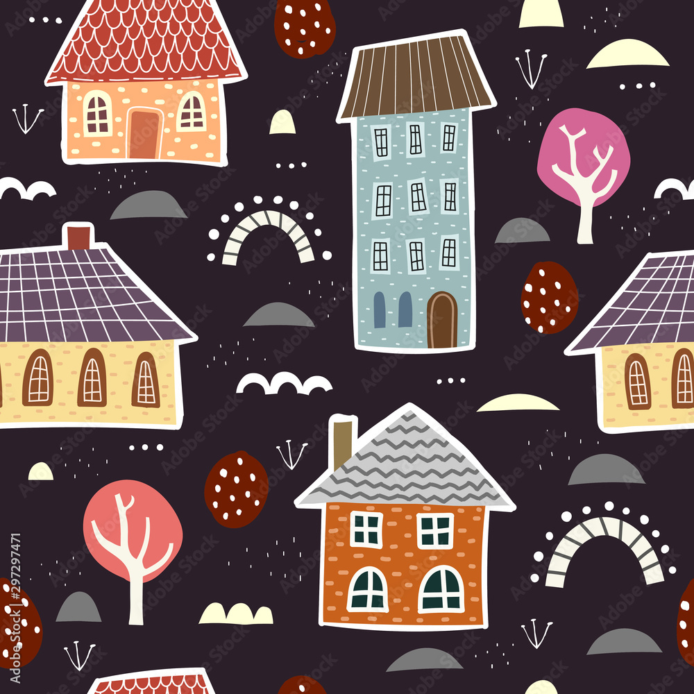  Seamless pattern with cartoon houses, trees, decor elements on a neutral background. Vector flat style. design for fabric, textile, print, wrapper