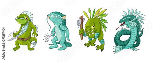 Cartoon monster sea creature characters set. Vector clip art illustration