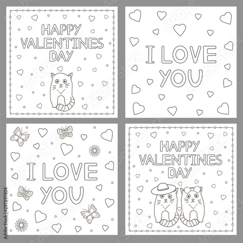 Happy Valentine Day cards set. Cats and hearts. Coloring pages.