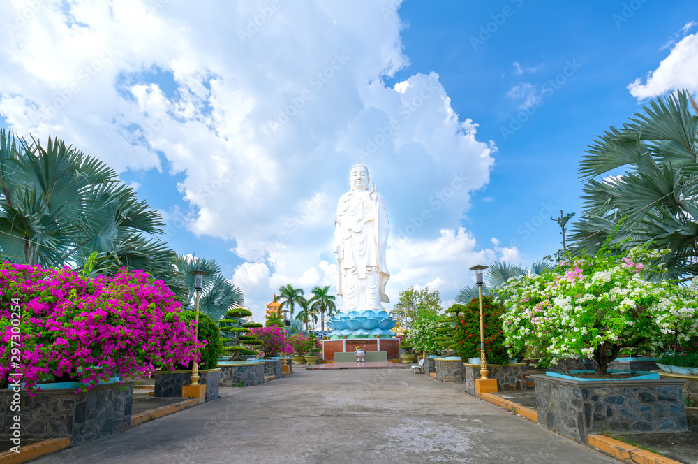 Statue of Budda in Vinh Trang pagoda, a place for people to practice spiritual emancipation, relax the soul in My Tho City, Vietnam.