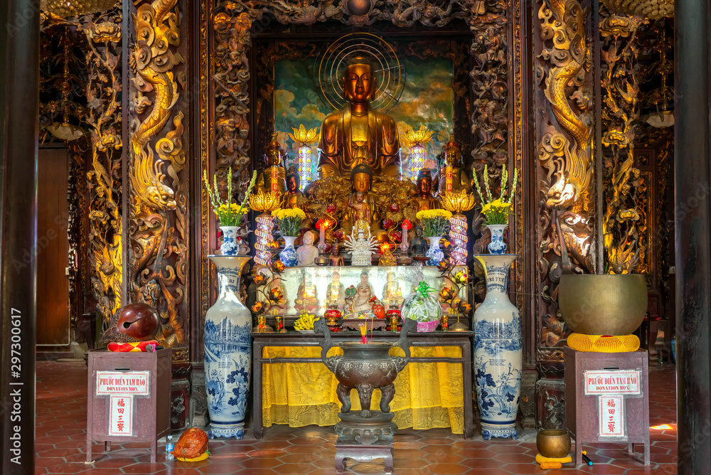 Vinh Trang pagoda near My Tho city, which attracts the spiritual culture of the people to visit and worship in Tien Giang, Vietnam